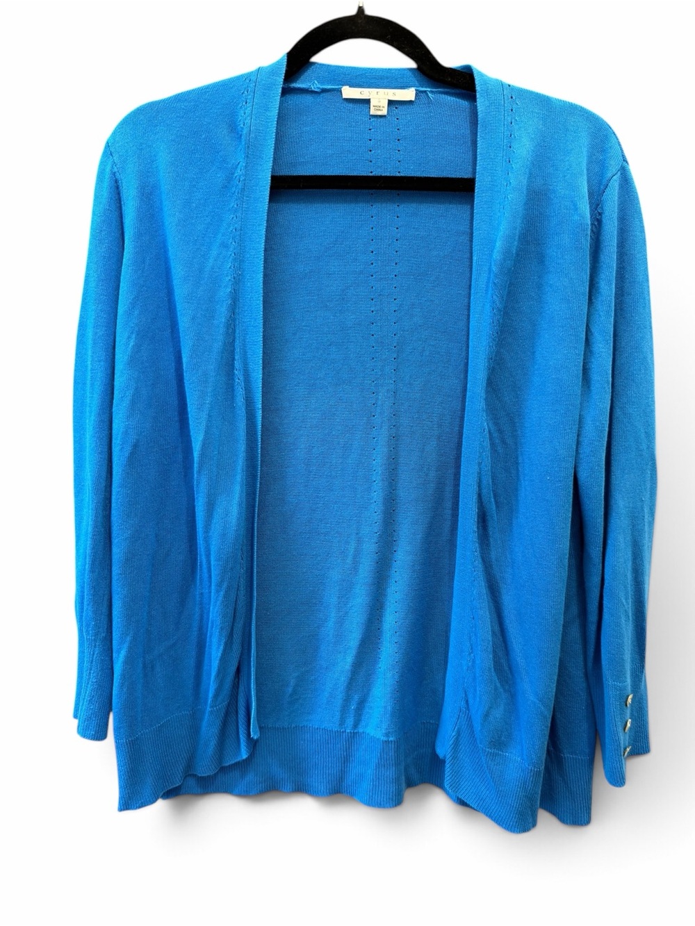 Blue open Cyrus viscose drape button cuff cardigan. Sz. S